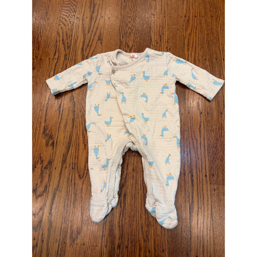 HEMA Baby Organic Cotton Muslin Footed Sleeper Blue Duck Print Cream 0-3 months